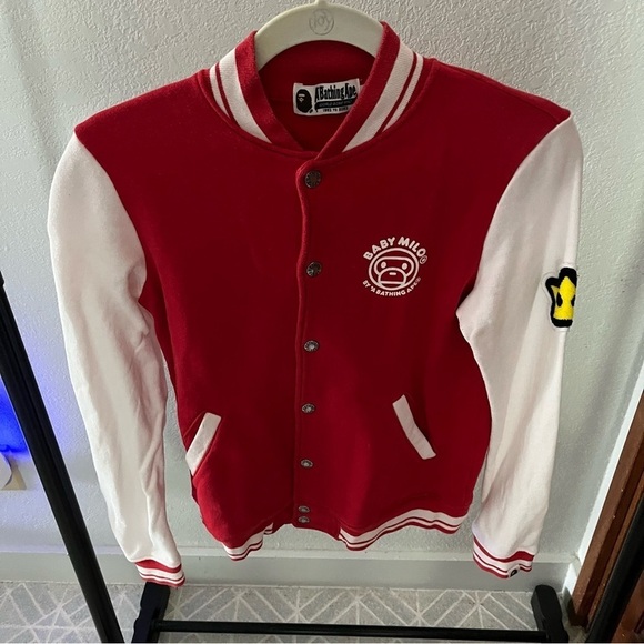 Bape Jackets & Blazers - BAPE sz XS Baby Milo Red Baseball Jacket White Sleeves Fleece Bathing Ape Japan